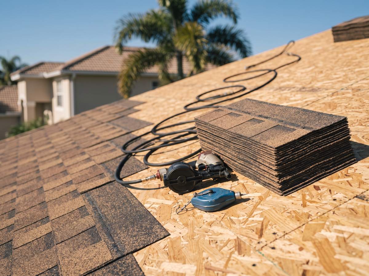 Bundle of architectural asphalt shingles and a coil roofing nailer on a Florida roof deck